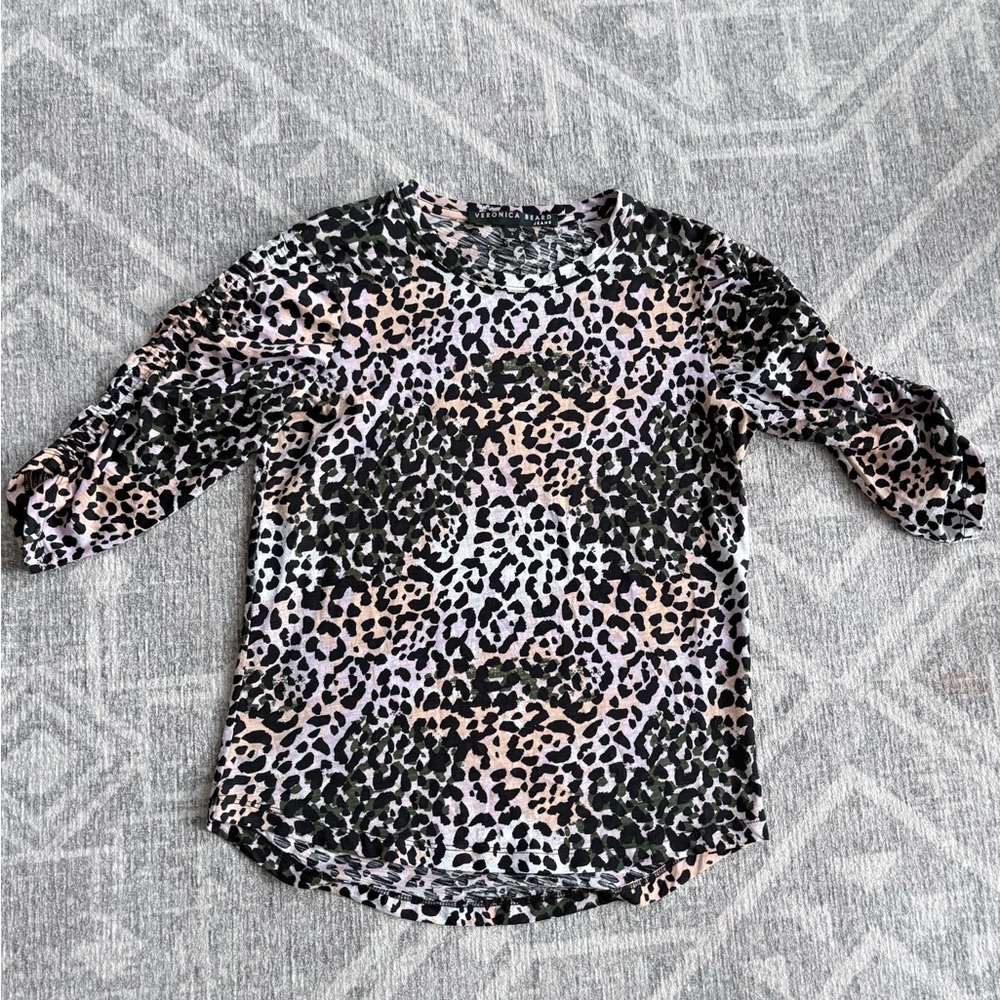 Veronica Beard Animal-Print Puff-Sleeve Top in Pink, Black & Cream Pima cotton